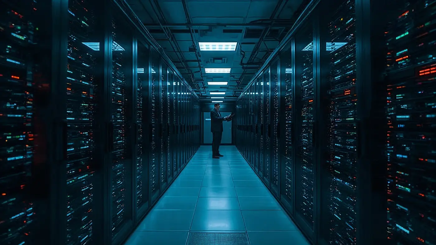 Server room with illuminated equipment and a single IT professional performing system checks, showcasing scalable AI infrastructure.