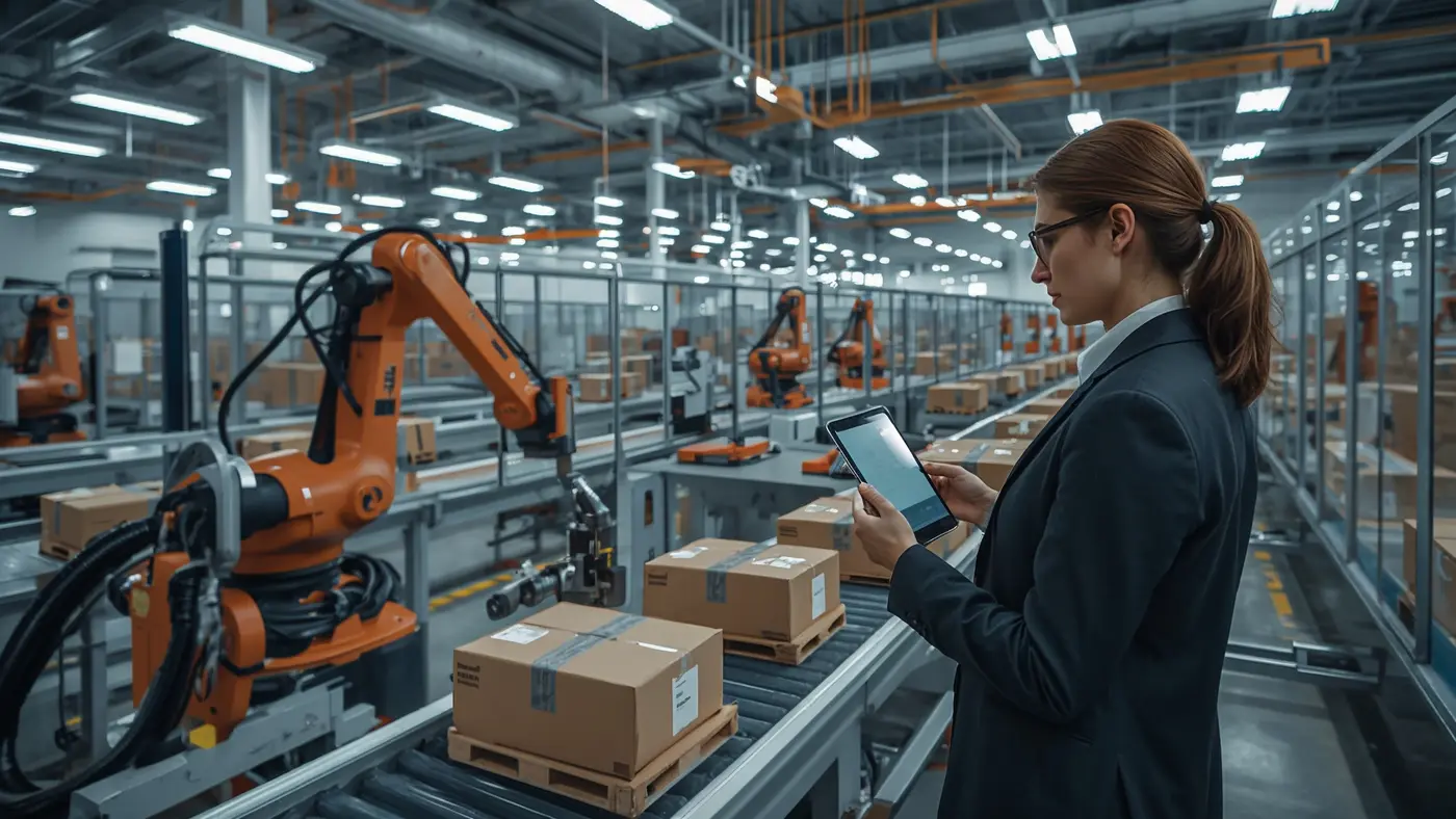A hyper-realistic scene of an automated eCommerce fulfillment center with advanced robotics, conveyor belts, and a person monitoring the process on a tablet.