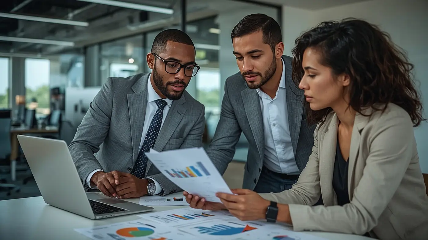 Hyper-realistic image of two professionals collaborating over AI-driven business reports in a modern, well-lit office.