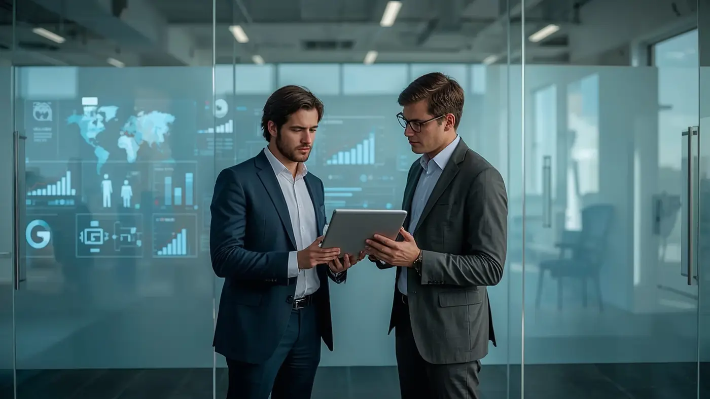 Two consultants in a collaborative workspace analyzing a digital portfolio on a tablet with AI-generated charts projected on a glass wall behind them.