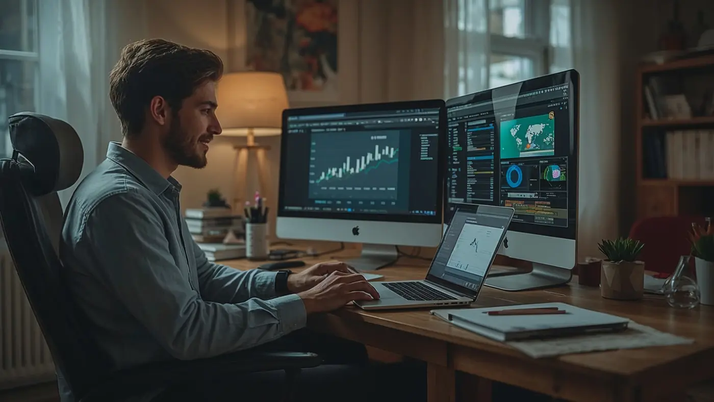 A hyper-realistic image of a solo entrepreneur in a warm, inviting home office using AI-powered tools for financial management and communication.