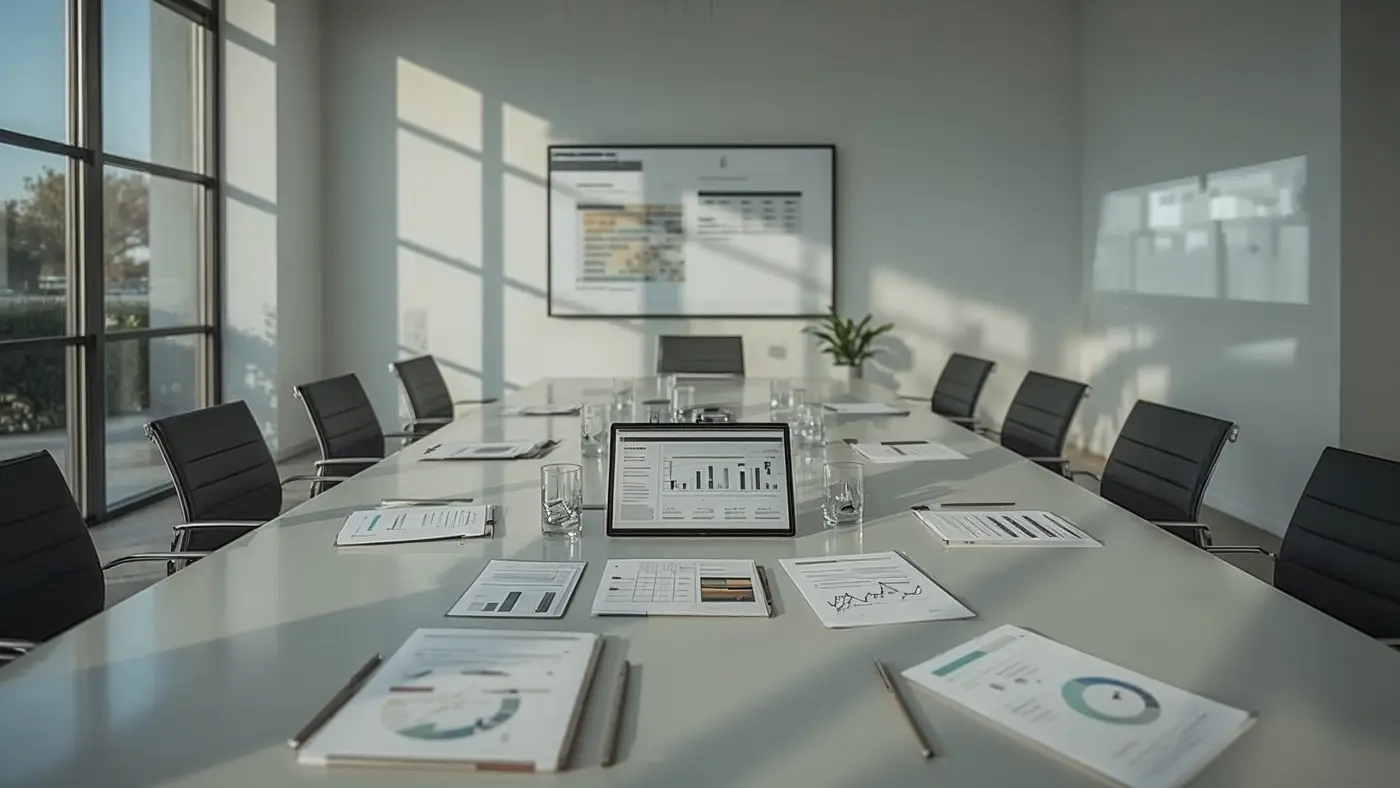 A modern boardroom table with AI consulting documents, data charts, and a digital dashboard, bathed in natural light.