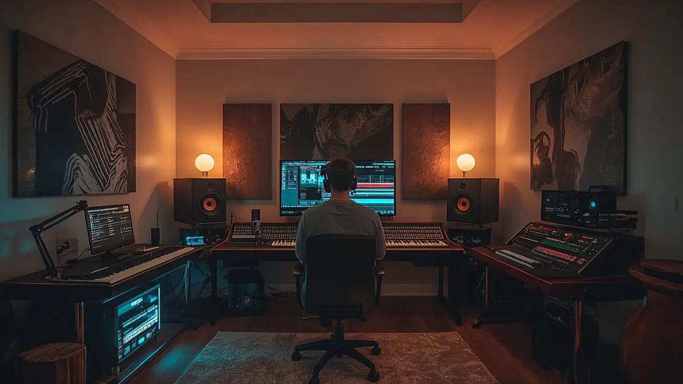 Person editing audio and video content with AI-powered software in a professional home recording studio, with modern equipment and natural lighting.