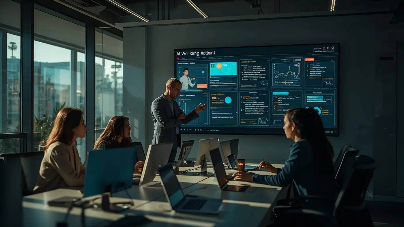 A modern office team working with an AI assistant displayed on a large screen, showing workflow automation in action.
