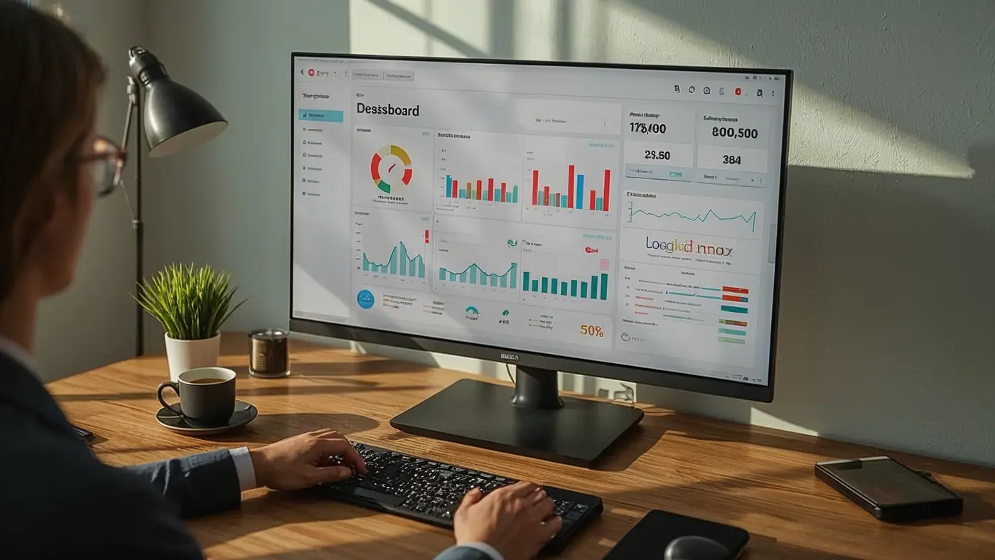 A hyper-realistic image of a business dashboard on a monitor showing chatbot performance metrics, with a hand interacting with the screen and natural lighting across a modern workspace.