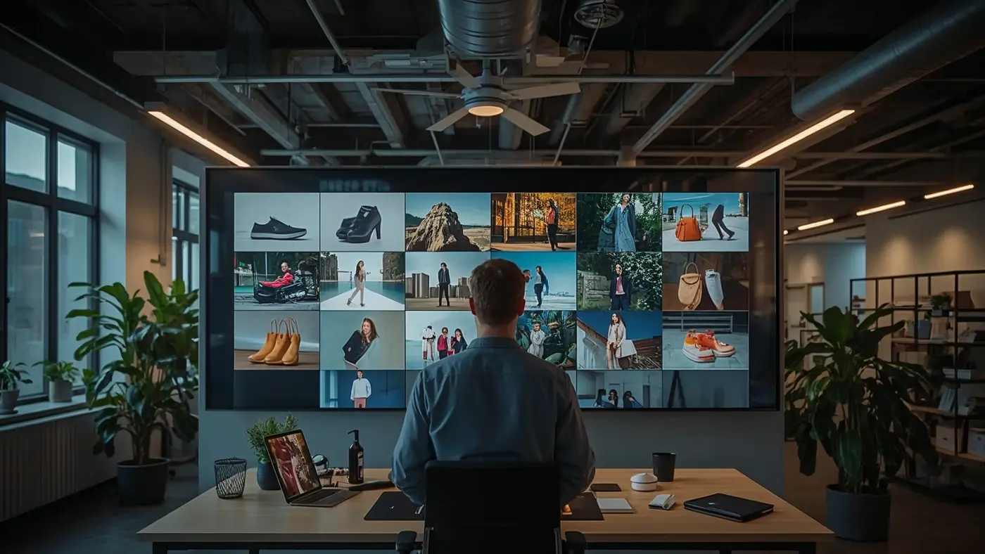 Modern e-commerce office with marketing manager reviewing AI-personalized product visuals on a large digital screen.