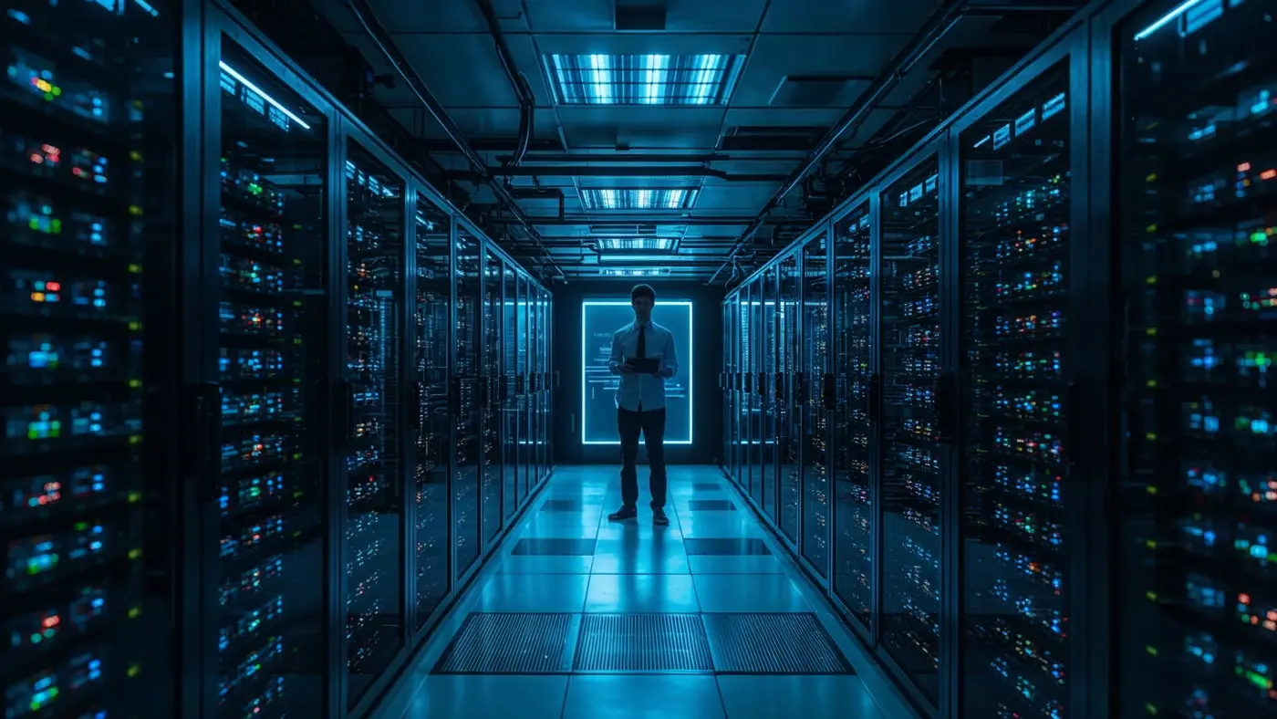 AI server room with IT specialist monitoring performance in a corporate setting