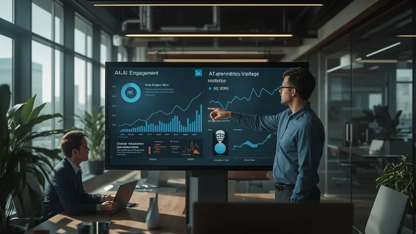 Two professionals collaborating in a modern tech office, analyzing AI analytics and LinkedIn engagement metrics on a large digital screen.