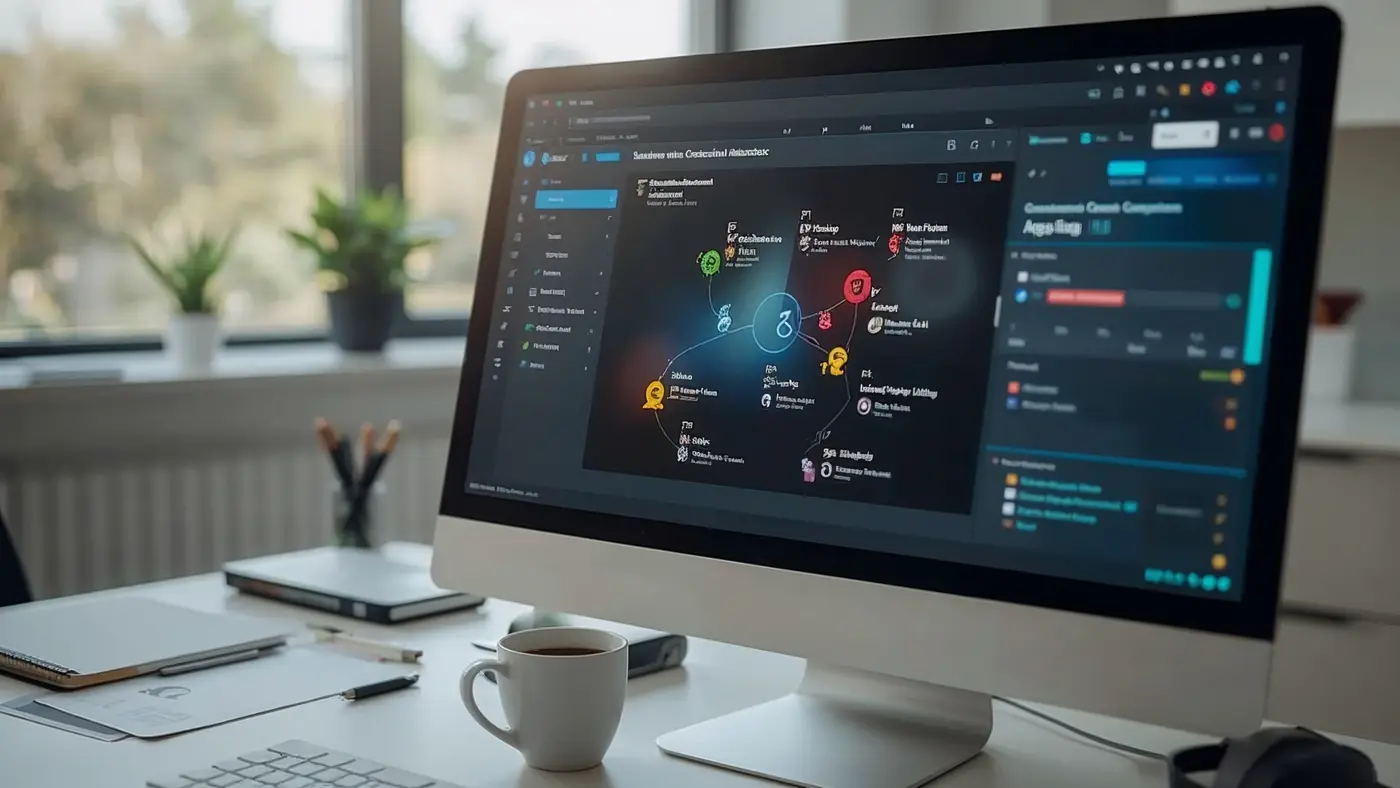 A hyper-realistic close-up of a computer monitor on an organized desk, displaying an AI assistant interface managing business scheduling and communications.