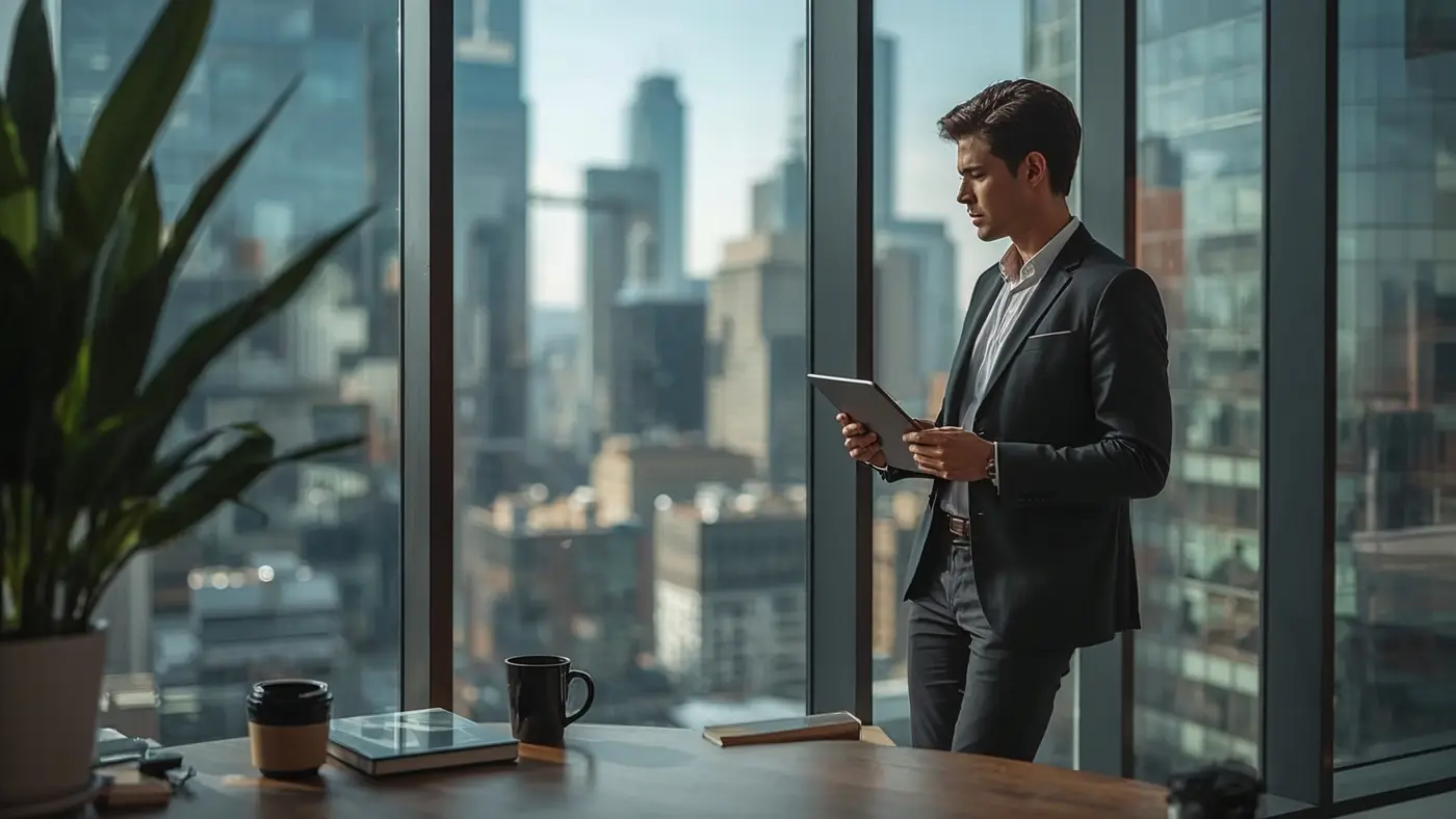 A hyper-realistic marketer analyzing campaign performance on a tablet in a bright office