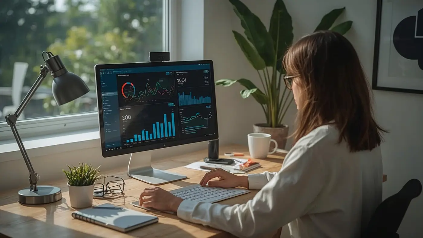 Home office with a person analyzing AI-driven analytics on a desktop monitor, surrounded by modern tech gadgets in natural daylight.