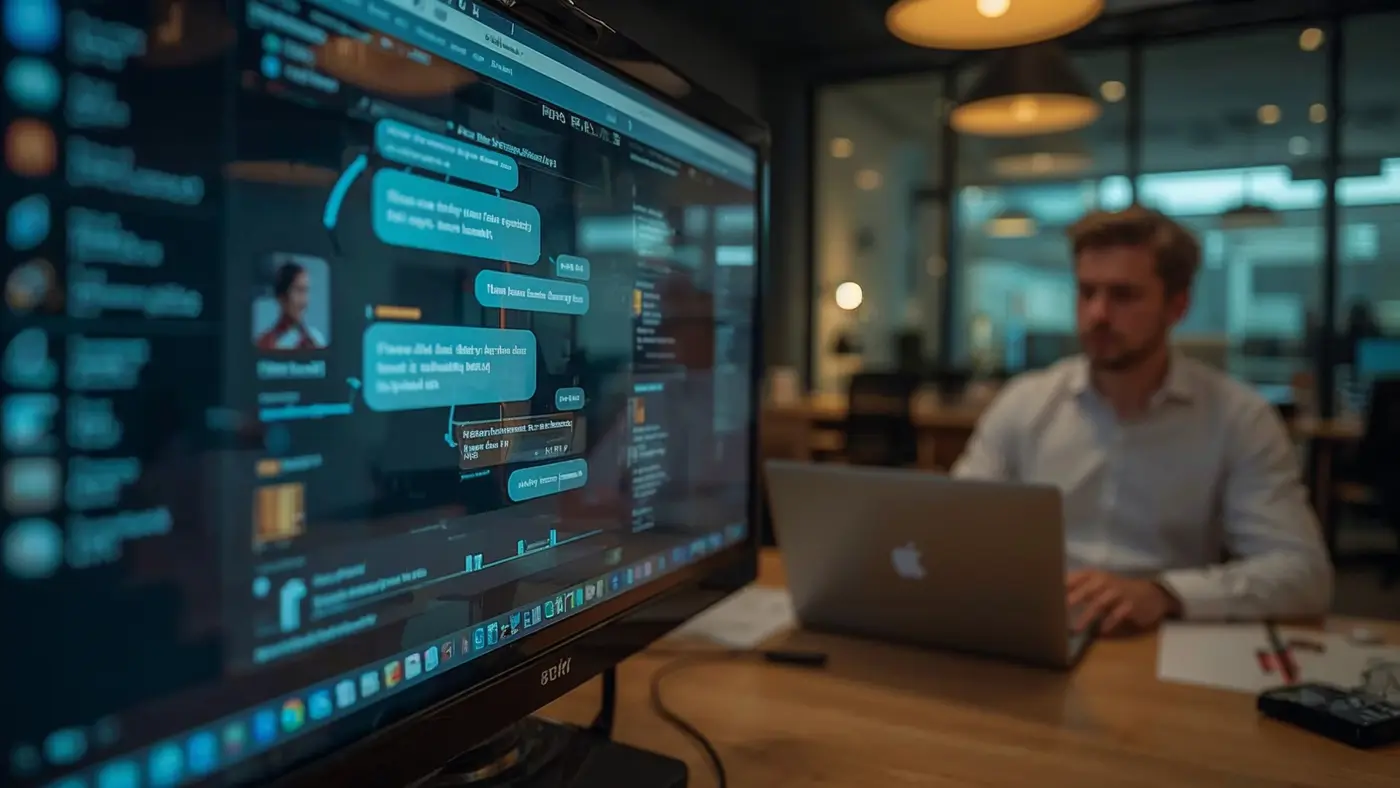 Close-up of a computer screen with an AI chatbot interacting with a website visitor and a professional observing the exchange