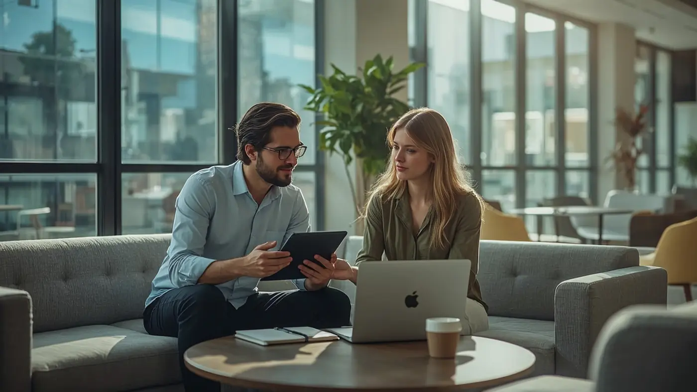 Solopreneur and mentor collaborating in a modern office lounge on AI startup plans