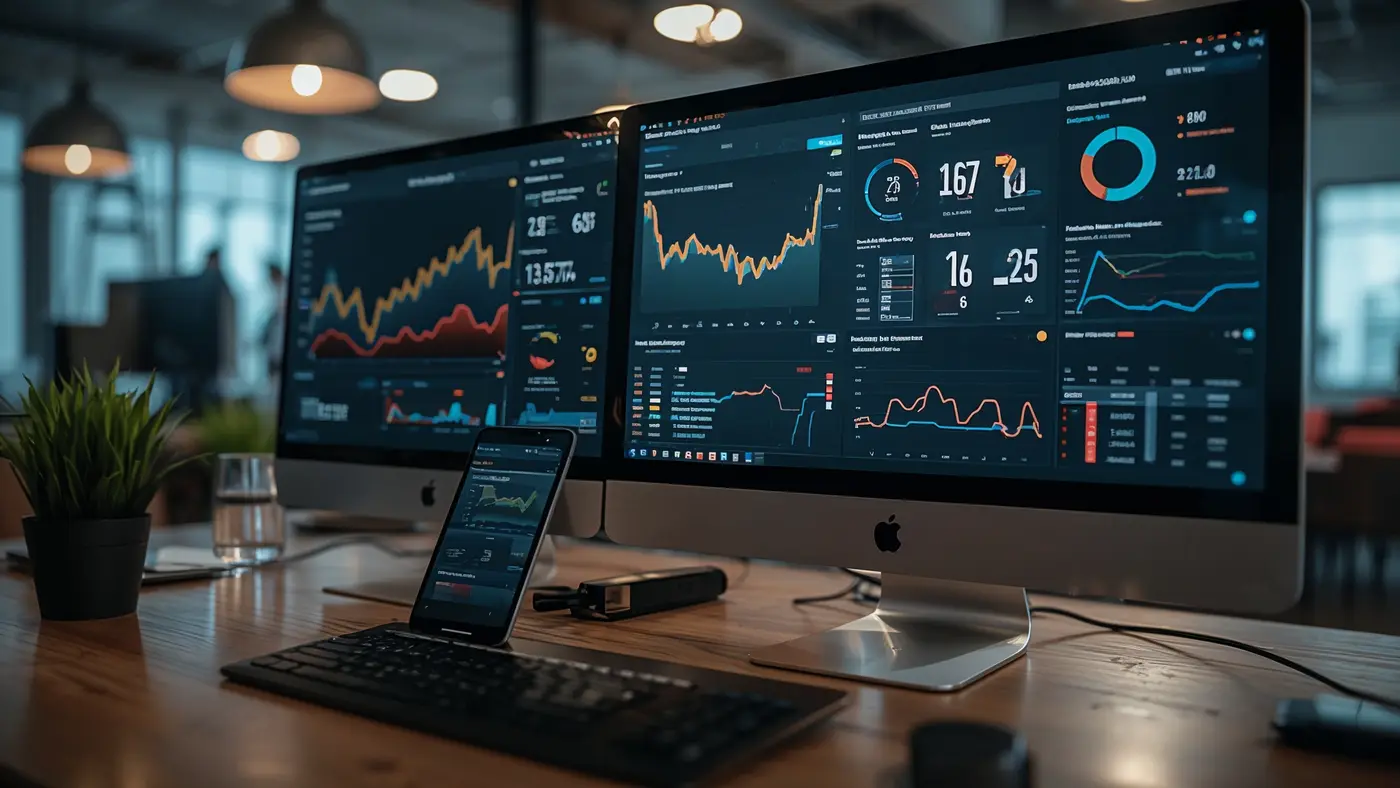 A hyper-realistic desktop and mobile setup displaying AI-powered lead scoring dashboards and automated follow-up sequences in a modern workspace.