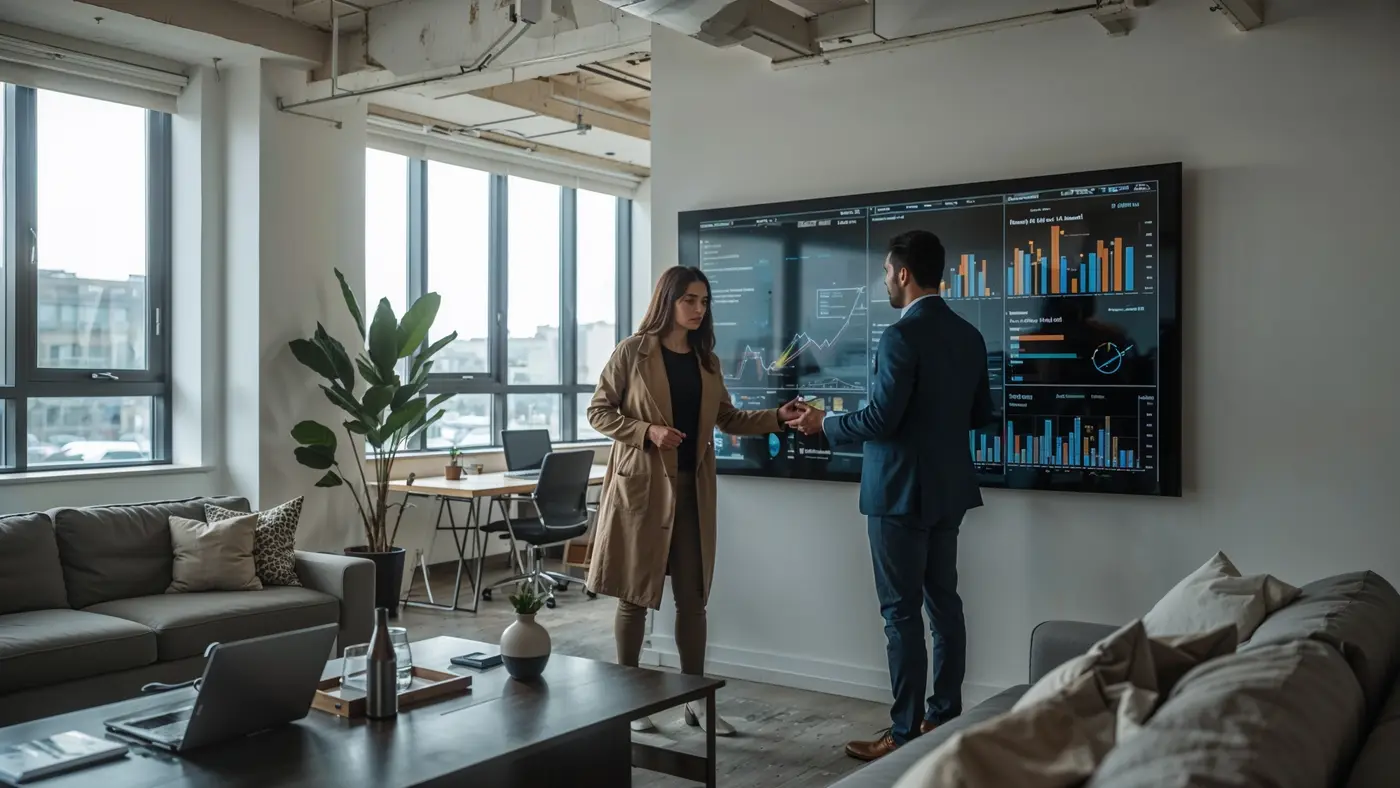 Two diverse professionals collaborating in a bright coworking space with AI data on a touchscreen display