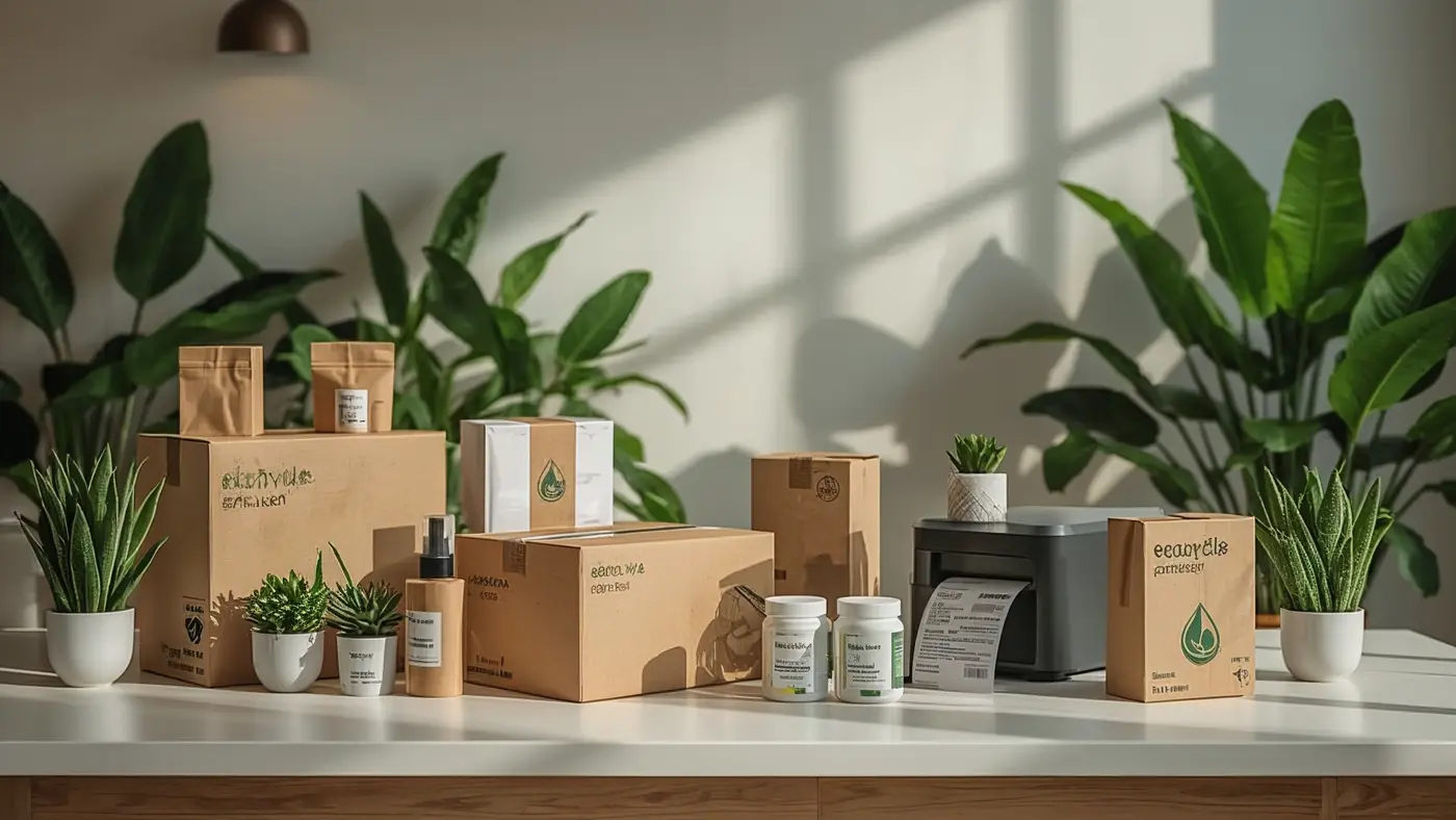 Sustainable product packaging station with recycled boxes, eco-friendly materials, and green plants