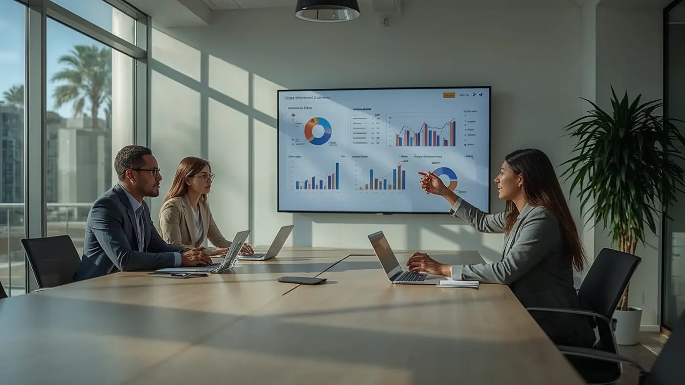 A diverse team of two professionals collaborating in a modern conference room, reviewing onboarding analytics on a large digital screen with real daylight and sleek decor.
