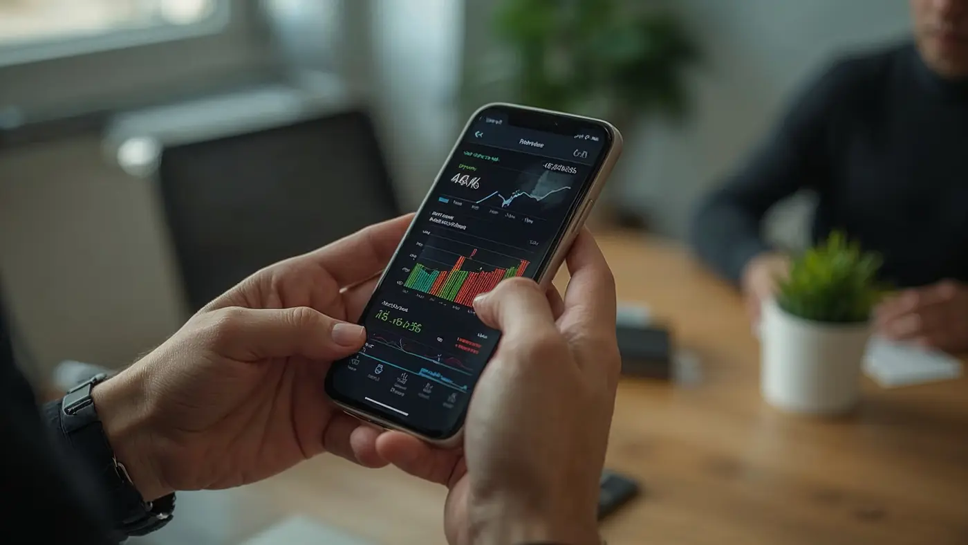 Close-up of hands holding a smartphone displaying AI-powered Twitter analytics in a realistic office setting.