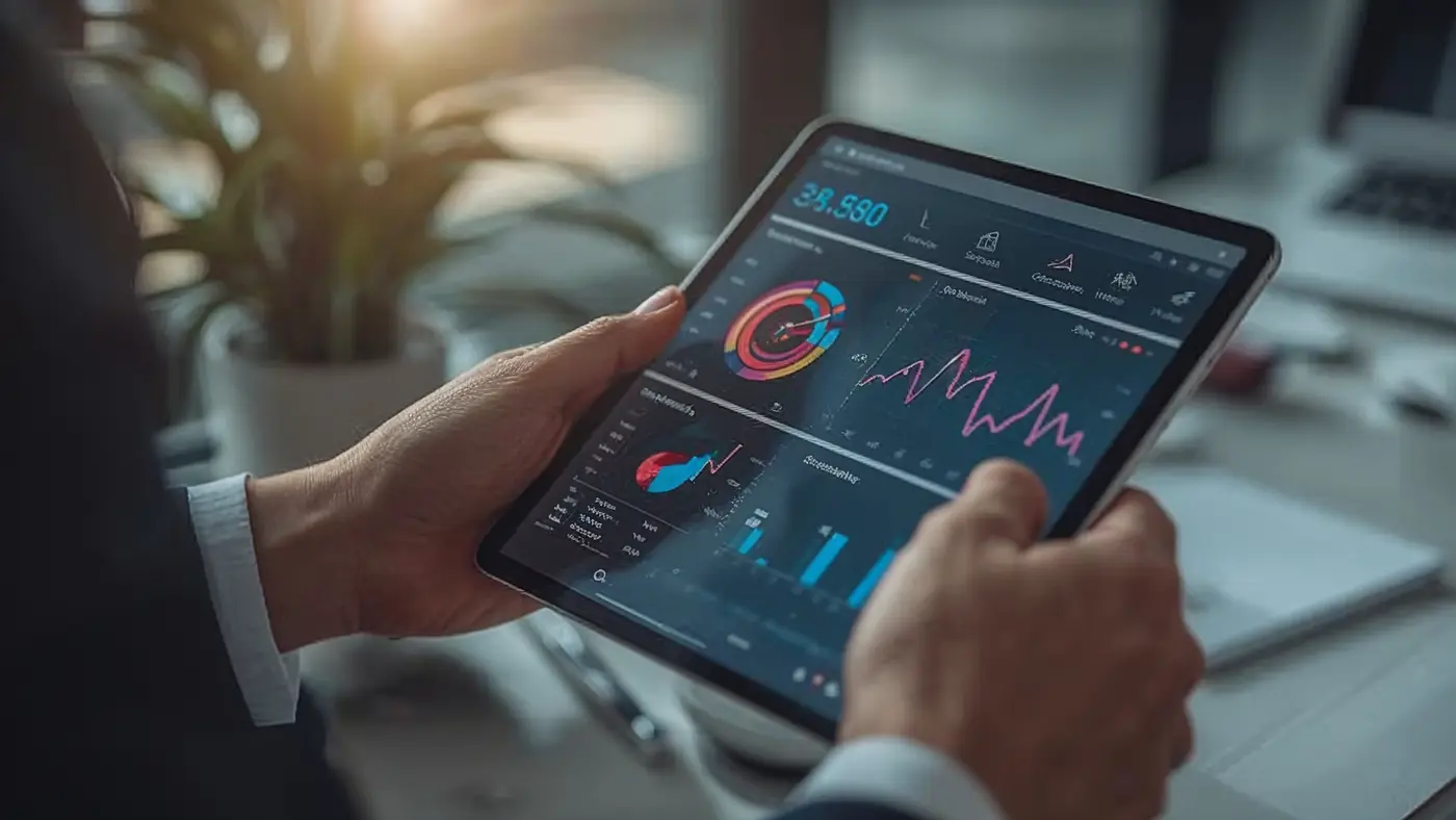 A hyper-realistic close-up of a business professional using a tablet with an AI-powered sales automation dashboard featuring colorful, dynamic analytics.