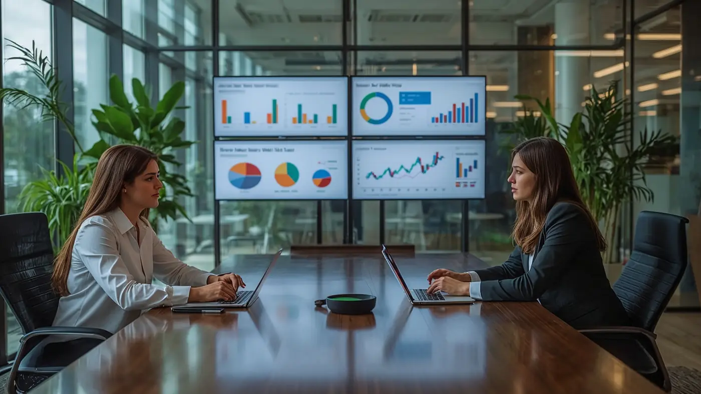 Two business professionals collaborating on automation and omnichannel marketing strategies in a bright, modern office