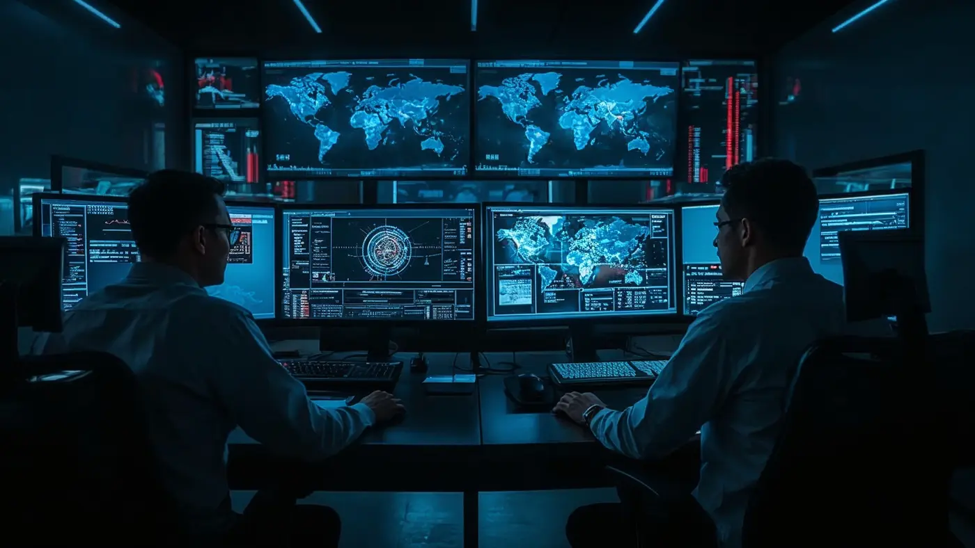 A cybersecurity command center with professionals monitoring AI-driven threat maps and analytics on large digital screens
