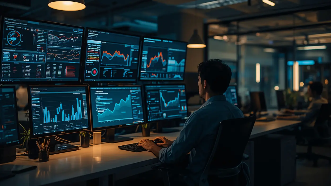 Hyper-realistic modern workspace with AI-powered data analysis and automation on multiple screens