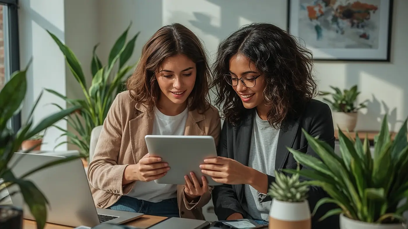 A hyper-realistic image of two solopreneurs collaborating in a bright, modern co-working space, both focused on a tablet displaying AI automation tools, surrounded by laptops, headphones, and plants, with natural daylight.