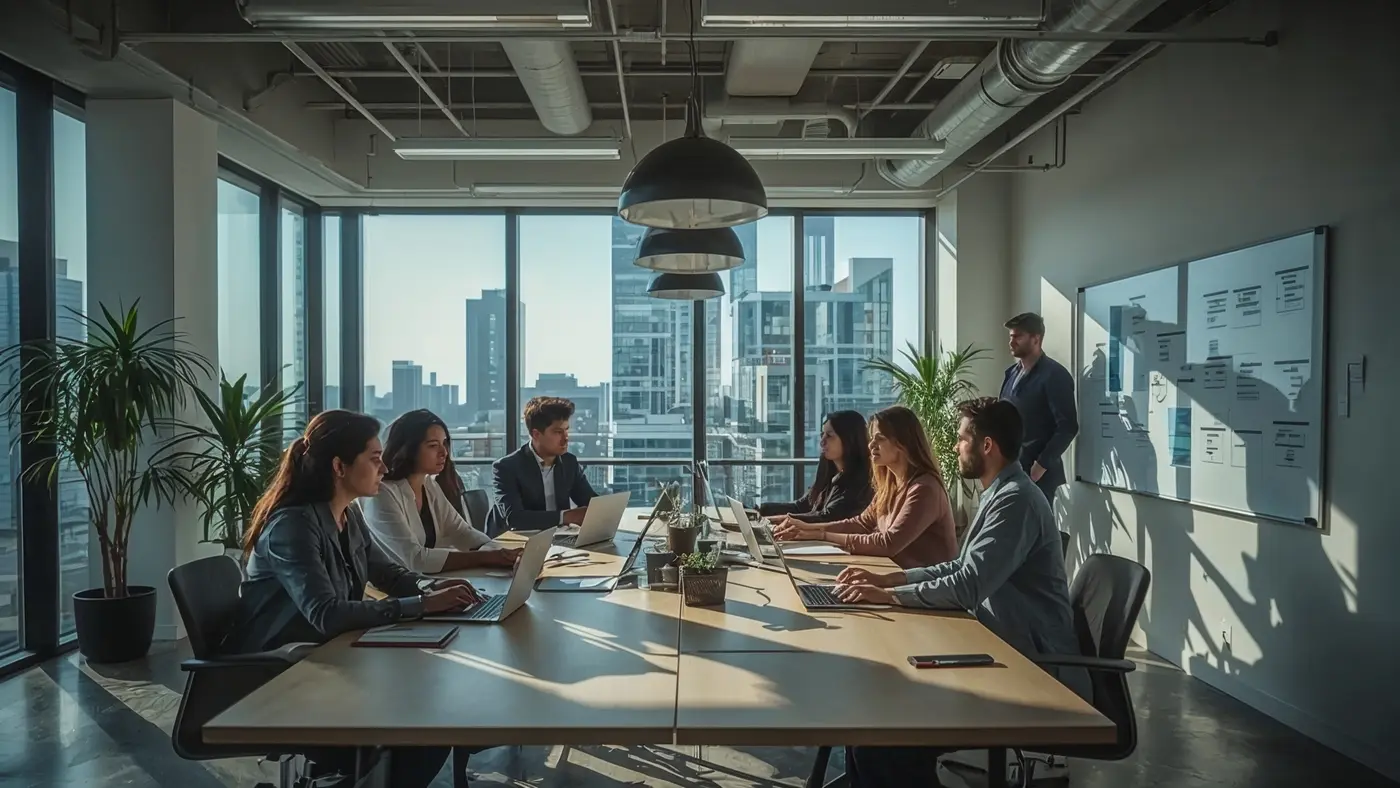 A modern open-plan marketing agency office with a diverse team discussing AI compliance and ethical strategies around a table, with natural daylight and visible digital displays.