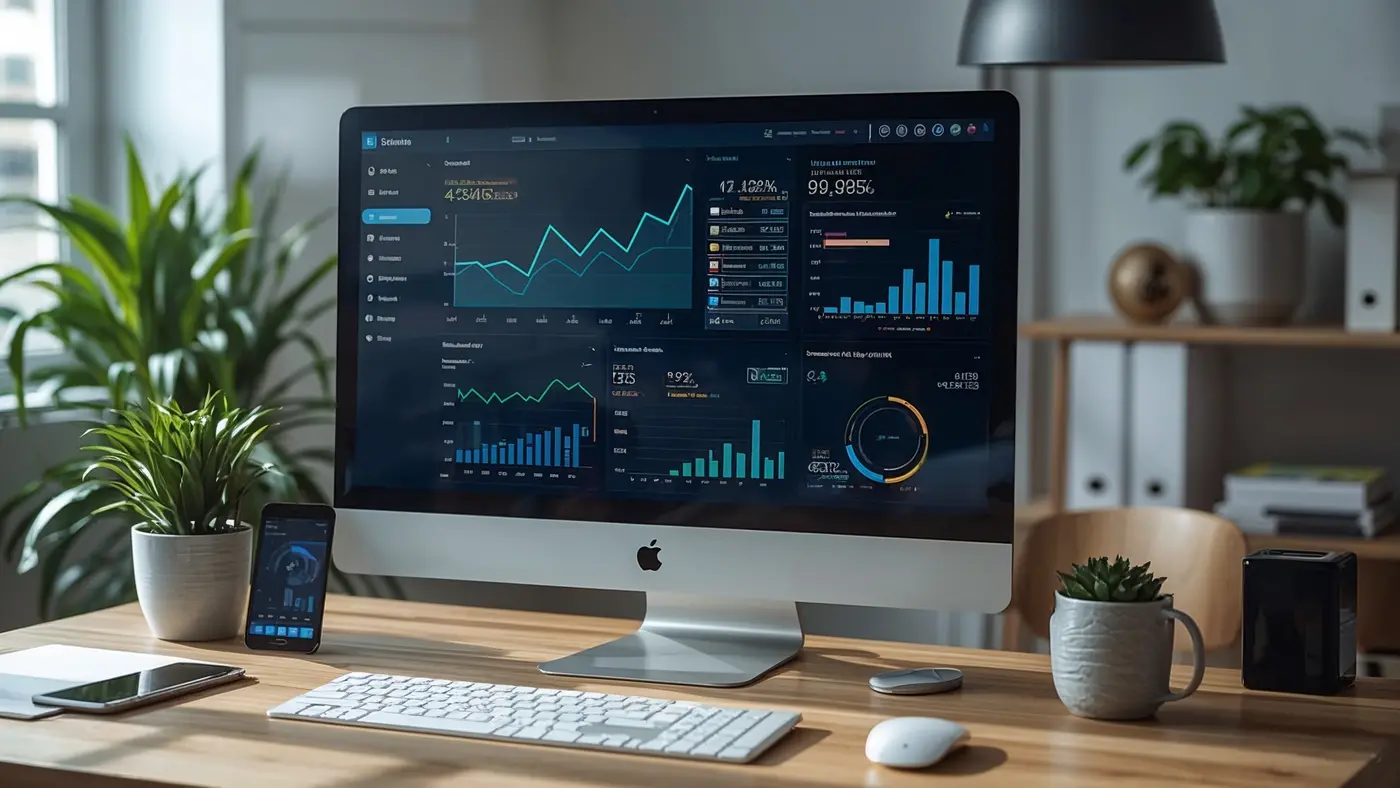 A desktop monitor displaying a sophisticated AI-driven analytics dashboard with real-time conversion metrics and customer profiles.
