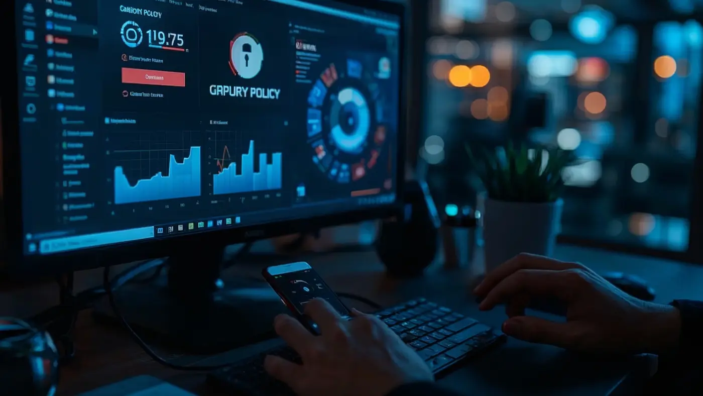 A hyper-realistic close-up of a computer screen with a GDPR privacy policy and a hand using two-factor authentication for secure access.