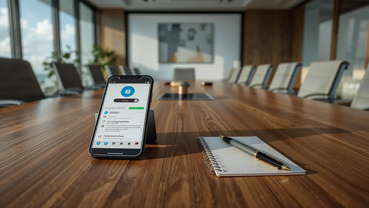 A hyper-realistic smartphone displaying an AI chatbot interface on a luxury conference table by a sunlit window.