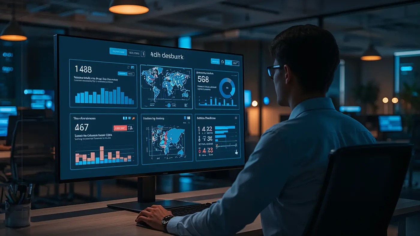 A single entrepreneur in a sleek workspace managing digital AI agents on a dashboard, visually representing hands-on digital workforce management.