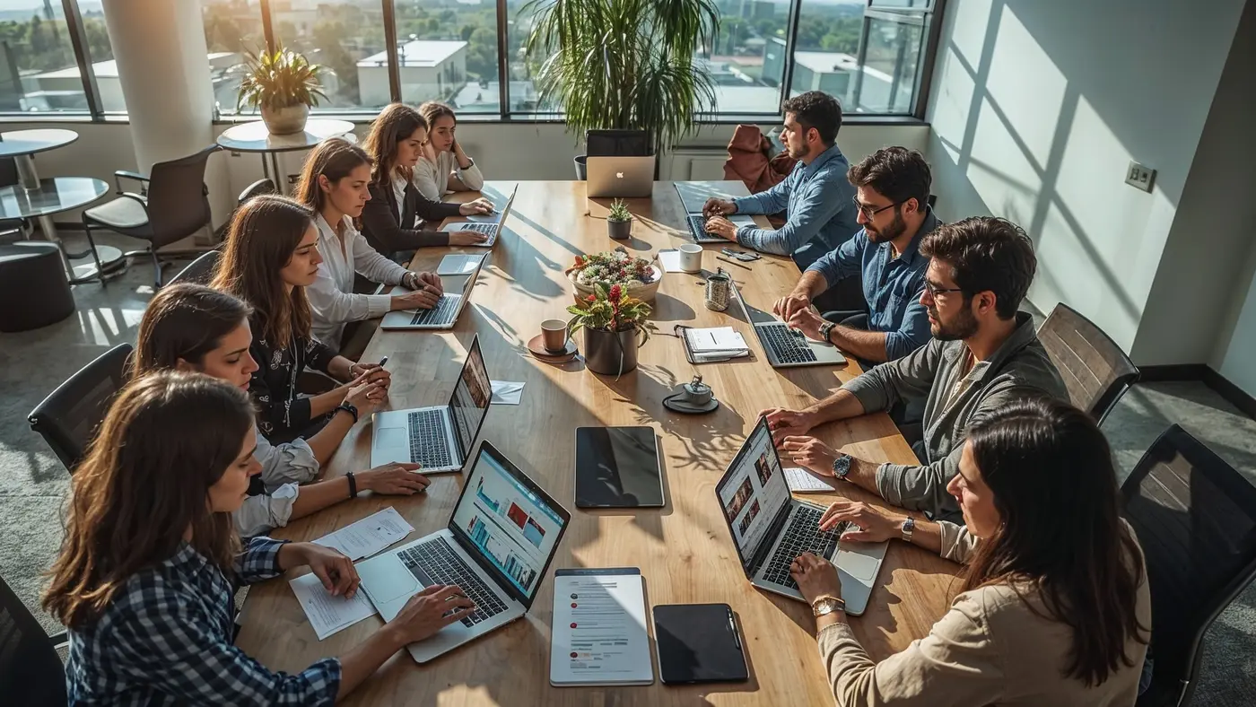 A hyper-realistic photo of a diverse marketing team collaborating around a table with digital devices and printed calendars in a modern office