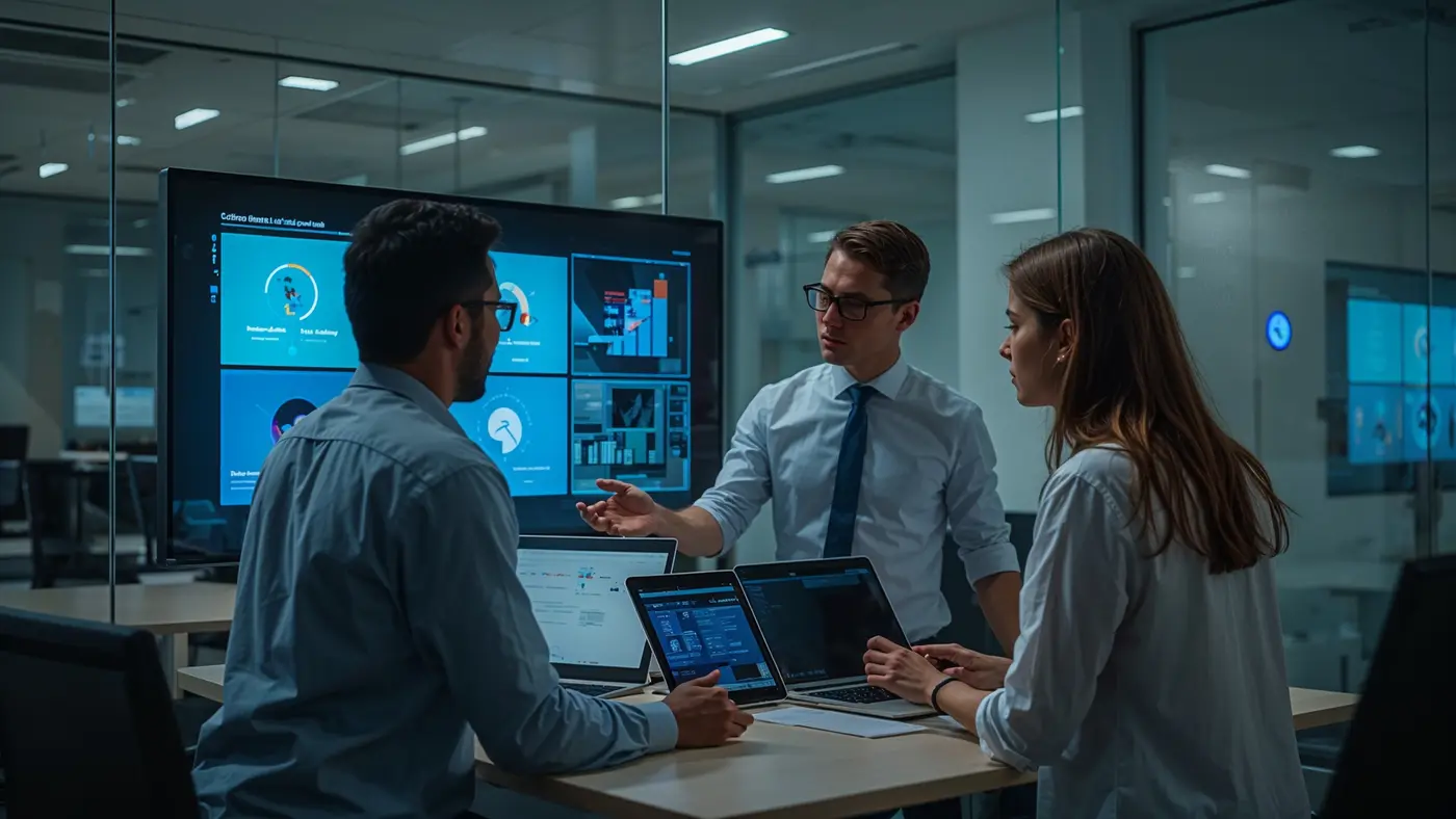 A hyper-realistic business office with two diverse professionals collaborating on SaaS product development, reviewing AI-powered automation tools on a large digital screen.