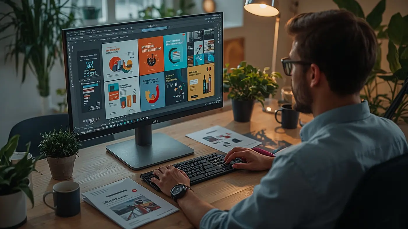 Designer using AI-powered graphic tool creating social media visuals at creative workspace