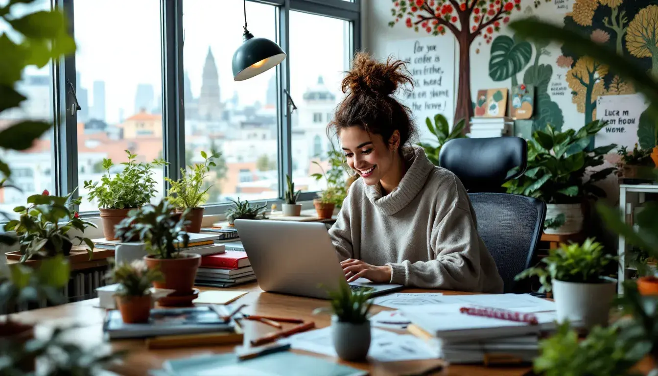 A person engaged in freelance writing, showcasing their creative workspace.