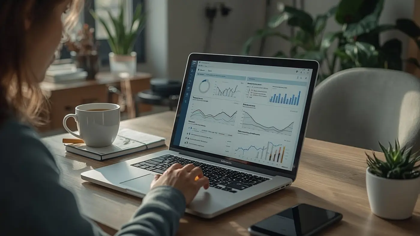 Hyper-realistic workspace featuring a laptop with an automation dashboard, coffee cup, notepad, and smartphone in natural daylight