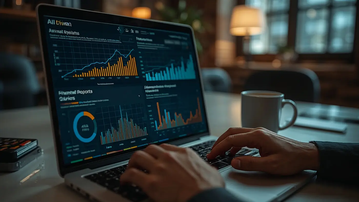 A hyper-realistic close-up of a professional workspace with a laptop displaying AI-driven financial dashboards and hands typing.