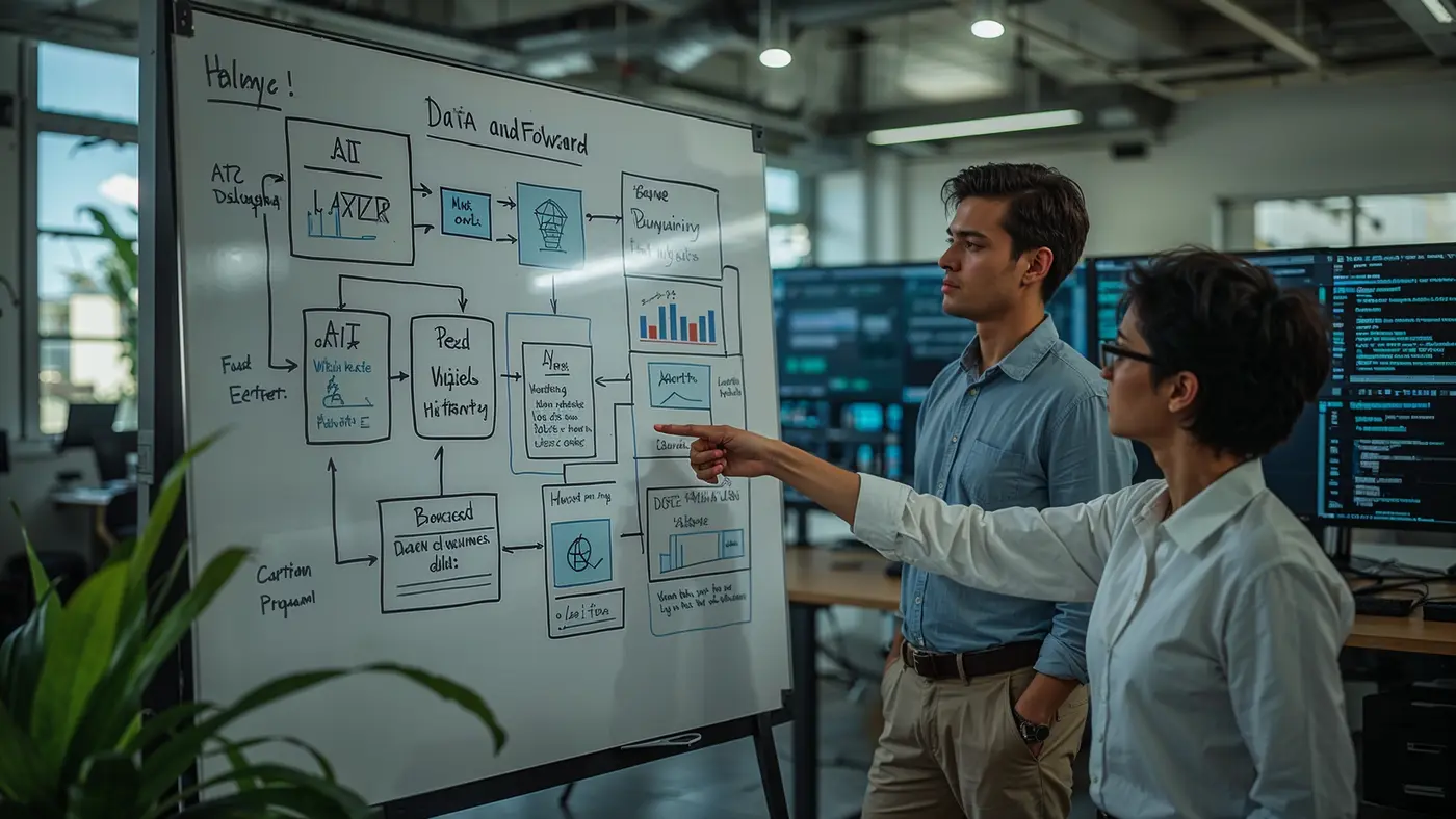 Two business professionals collaborating over a whiteboard with AI workflow diagrams in a well-lit office