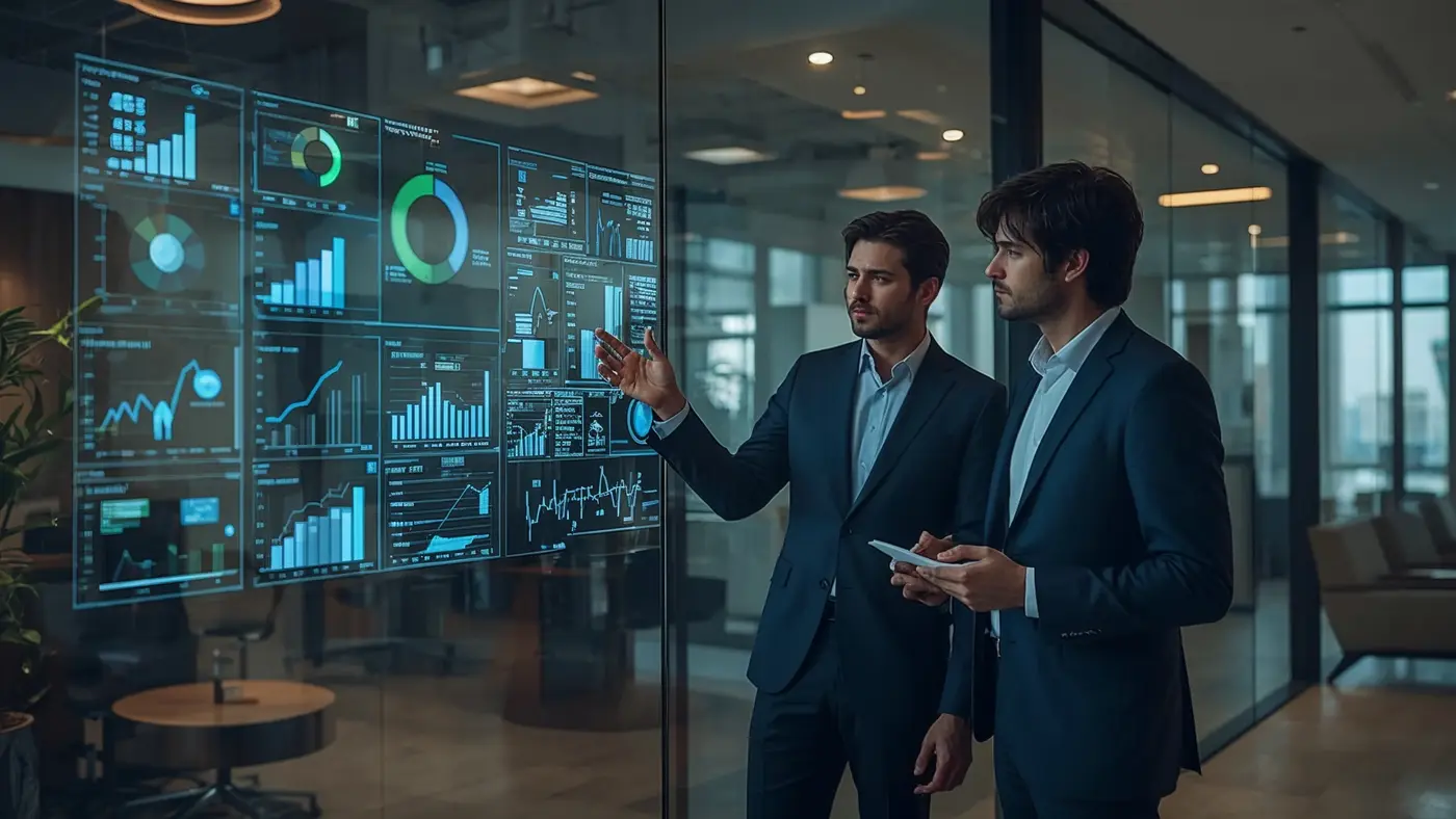 Hyper-realistic photo of two professionals collaborating in a glass-walled office, discussing AI-generated business analytics projected on the wall, with natural lighting and a focus on teamwork and technology.