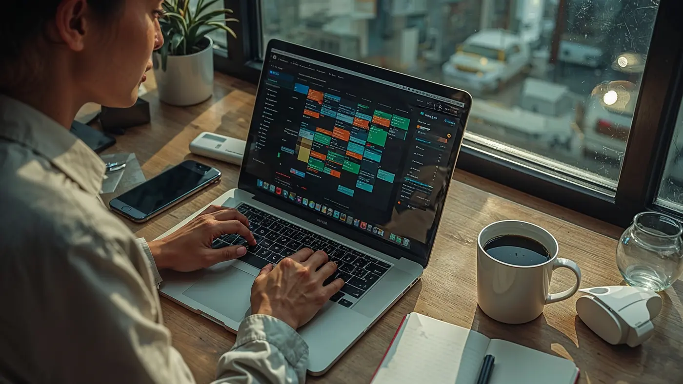 A hyper-realistic image of a creative workspace with a person using a laptop displaying an AI-powered content calendar interface and natural lighting