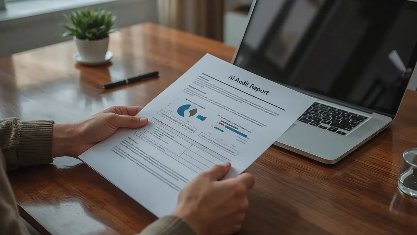 Close-up of hands holding a printed AI audit report at a polished office table, with a secure laptop, pen, and small plant in the background, under natural lighting.