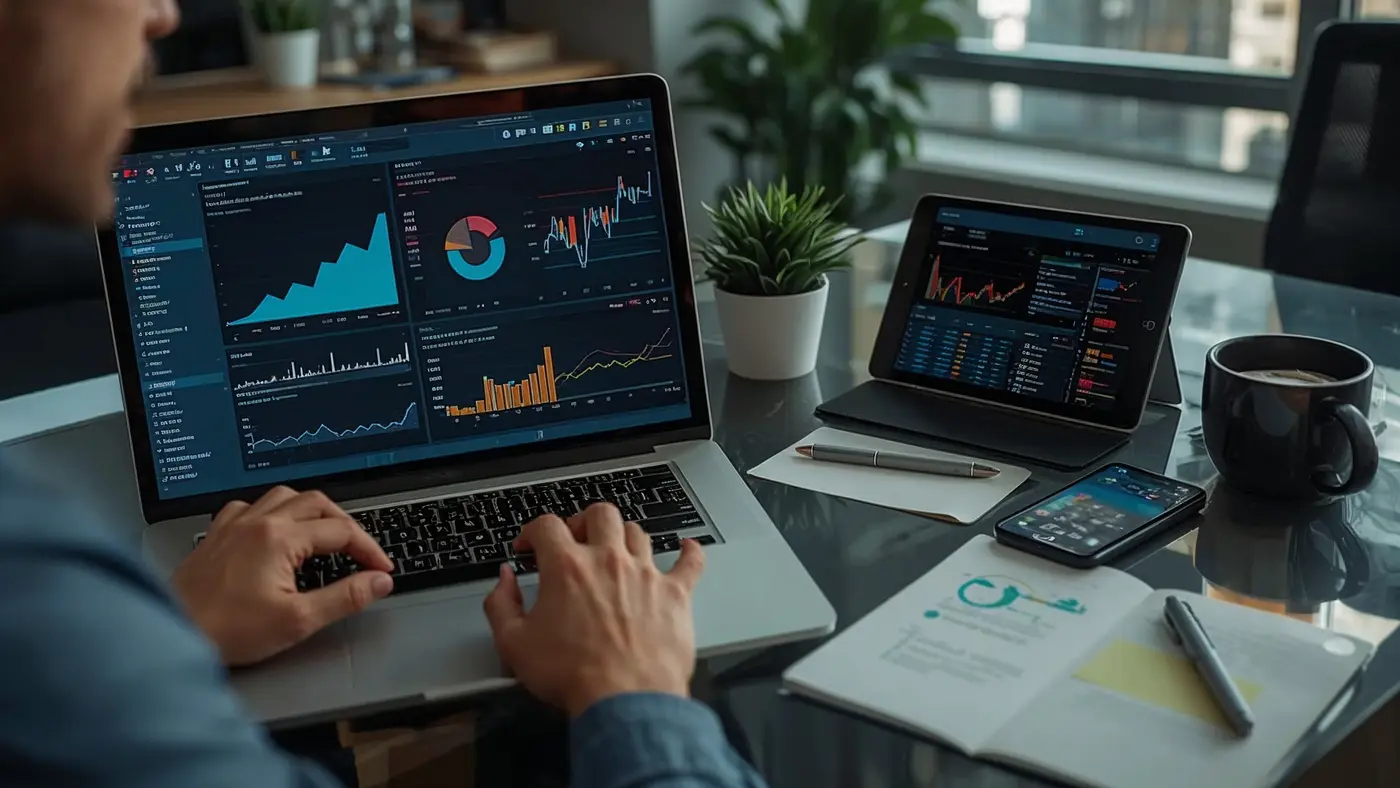 Professional workspace with AI-powered analytics and marketing automation tools