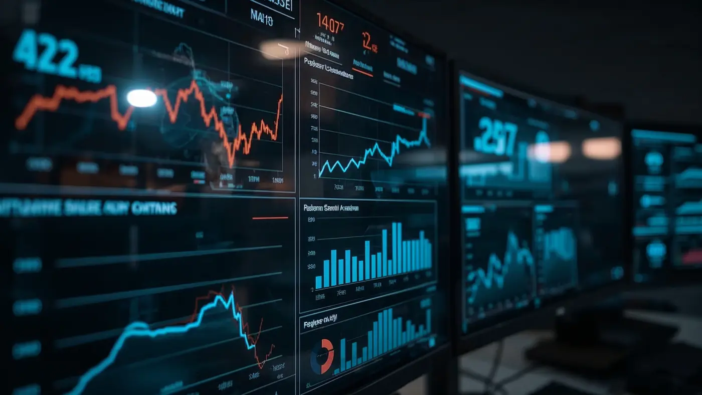 A hyper-realistic close-up photo of an advanced AI analytics dashboard on a high-resolution monitor, displaying sales copy performance data and predictive analytics.