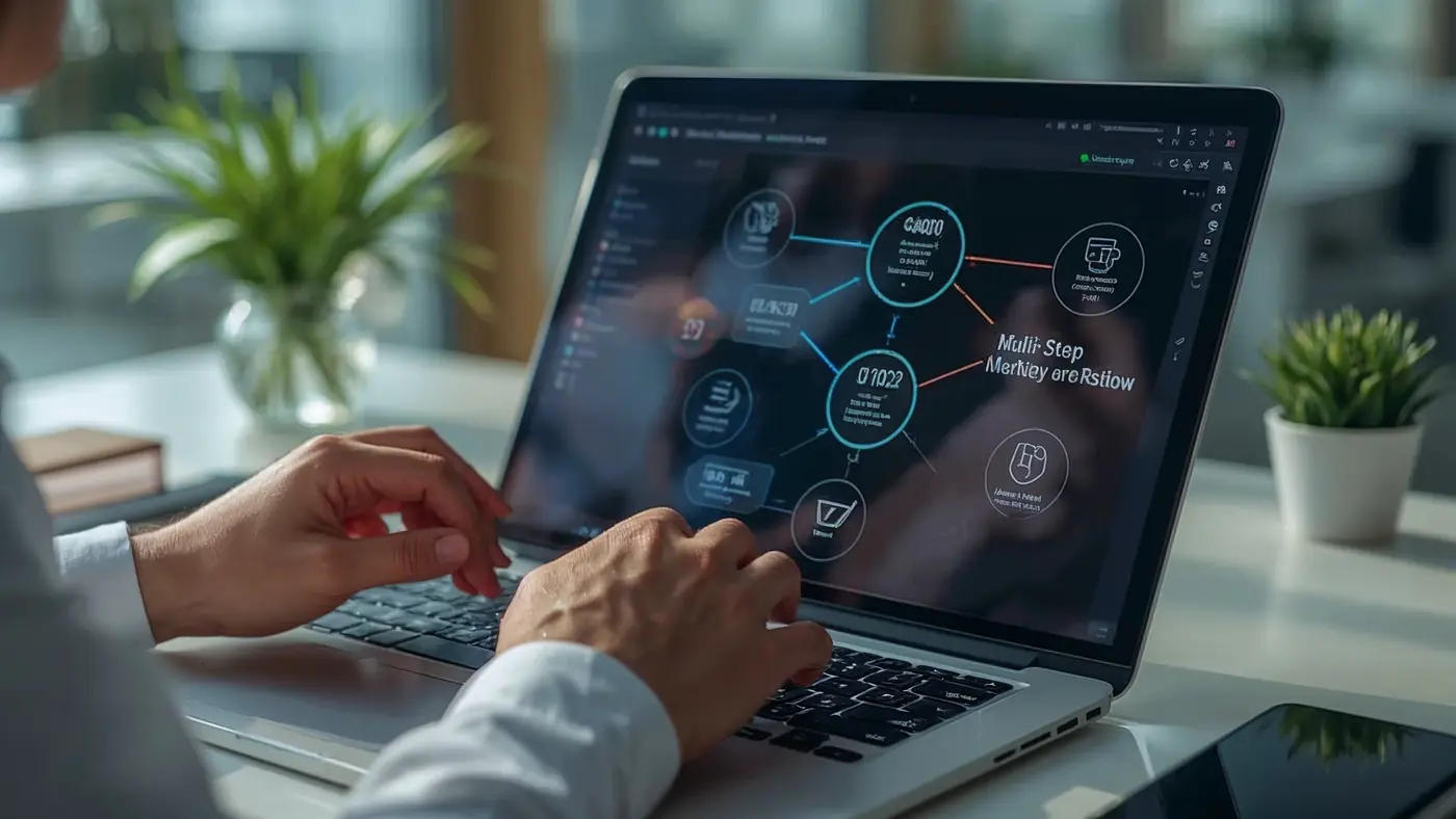 Close-up of hands interacting with a tablet displaying AI-powered marketing workflow diagrams in a high-tech, sunlit workspace.
