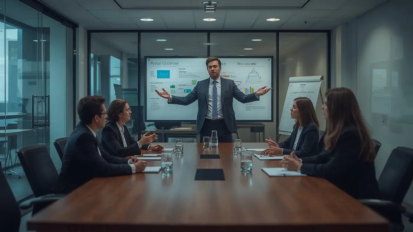 Business consultant leading AI strategy workshop with executives