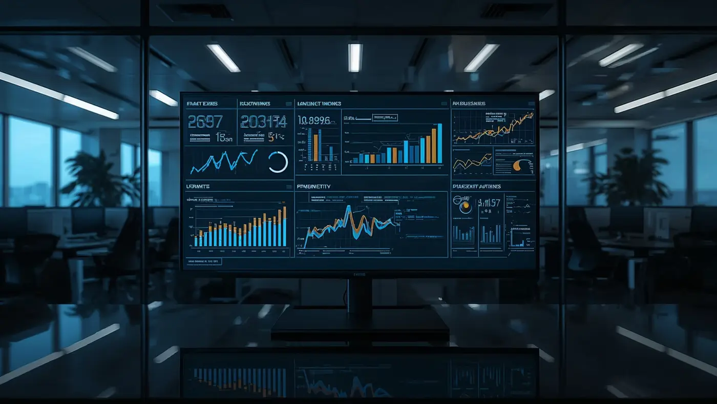 A hyper-realistic AI-powered analytics dashboard with charts and predictive data visualizations on a monitor in a modern office.