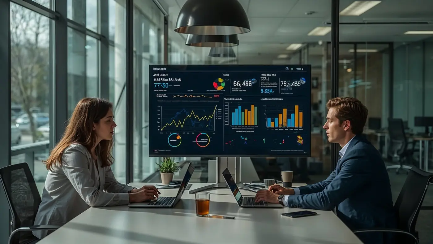 Team meeting discussing AI-driven marketing strategies in a modern office environment