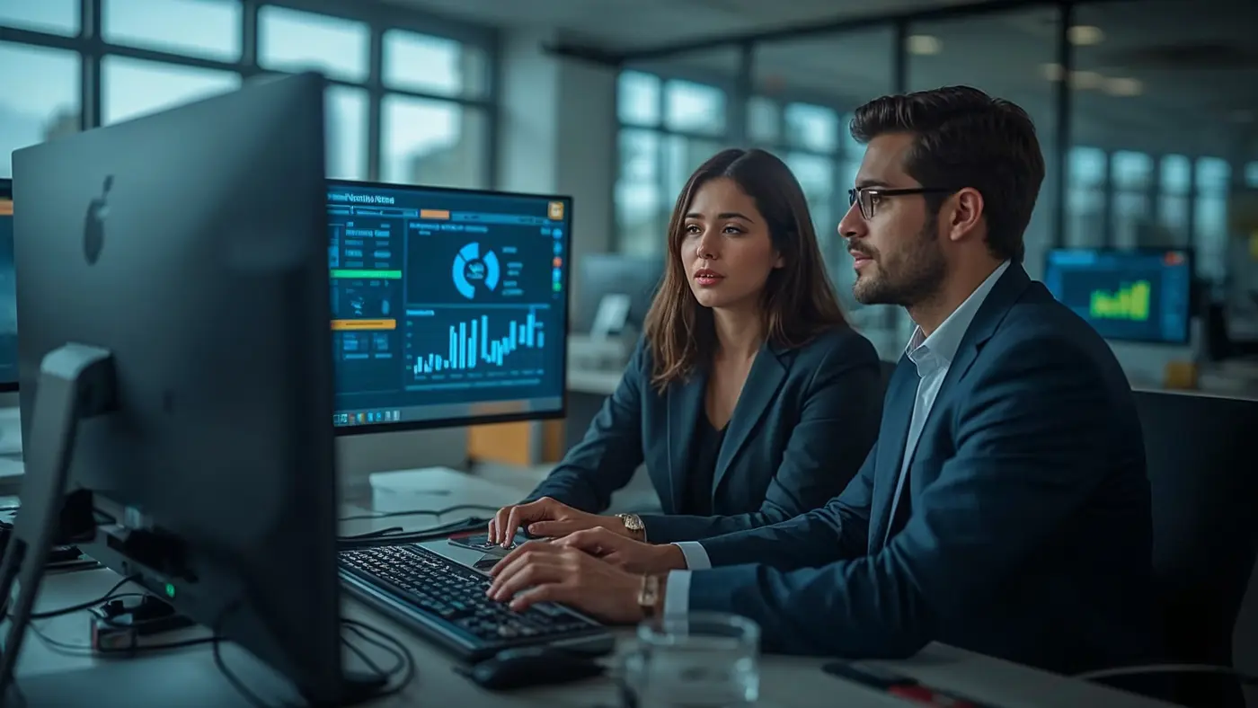 A small team of business professionals collaborating in a modern workspace with AI automation dashboards on multiple screens
