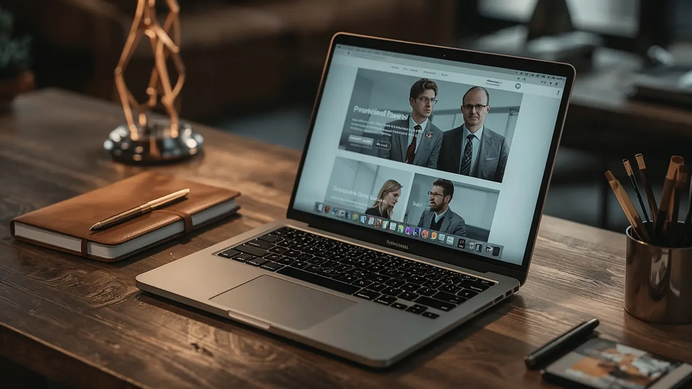 A hyper-realistic close-up of a luxury desk with a laptop displaying a split-screen A/B test of two landing pages, surrounded by stylish business accessories.